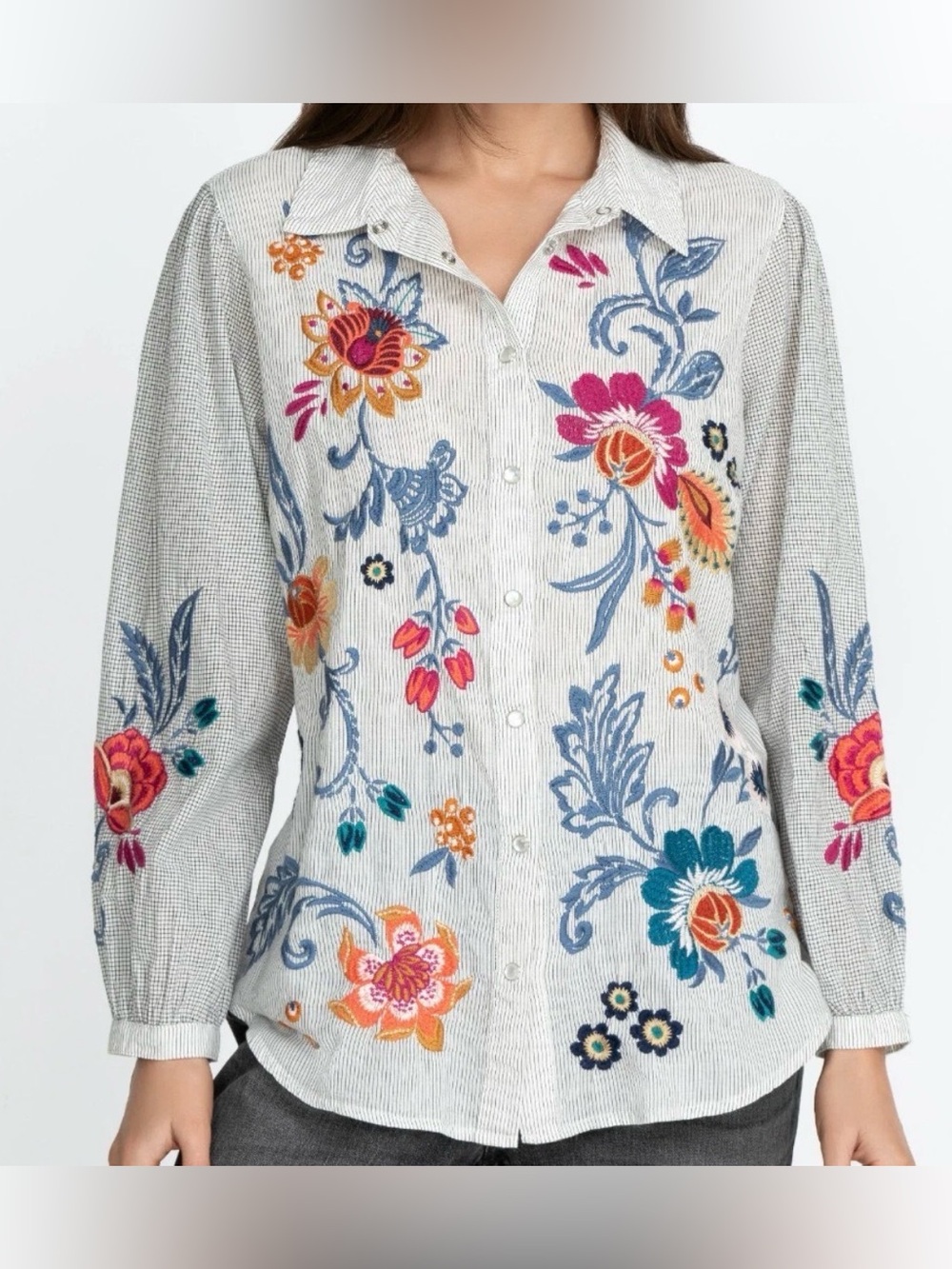 Johnny Was Didiana Long Sleeves Lisbon Shirt Sz L Boho Floral Embroidered Pearl